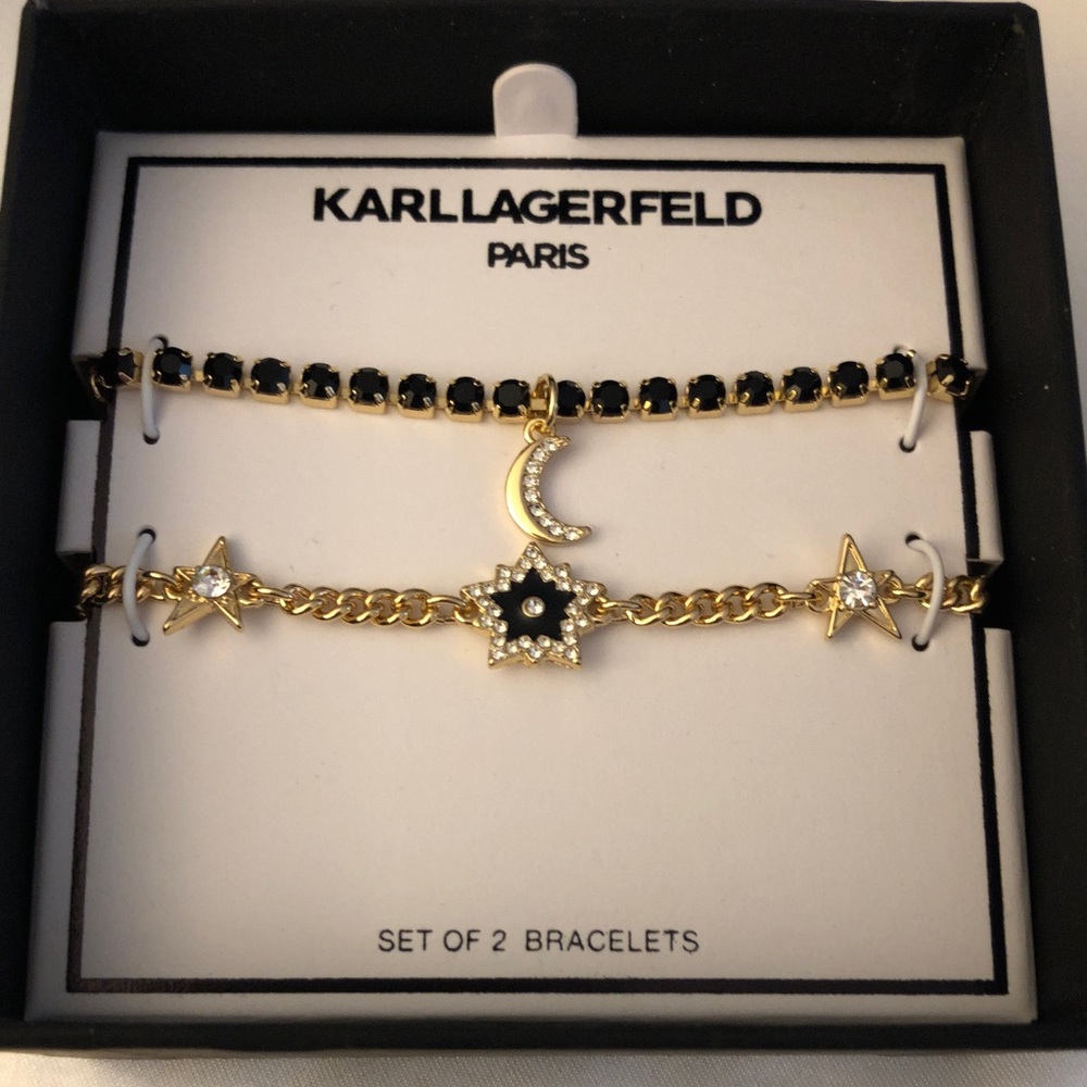 Karl Lagerfeld 2PC Gold Tone Moon & Star Slider Bracelet Set Crystal Accents NIB